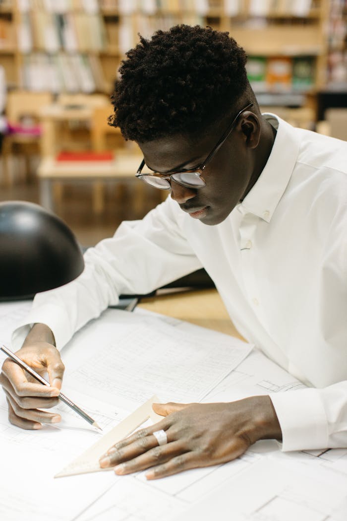 Crafting Captivating Headlines: Your awesome post title goes here Black architect concentrating on architectural designs indoors, showcasing creativity with tools and plans.